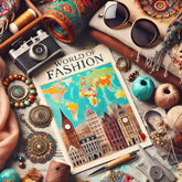 A vibrant, global-themed blog photo representing the world of fashion. The image features a collection of stylish clothing items, accessories, and fas